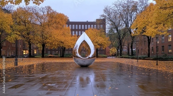 Obraz Stainless steel sculpture of a teardrop mirrors surrounding autumn colors near a university building during a tranquil afternoon.