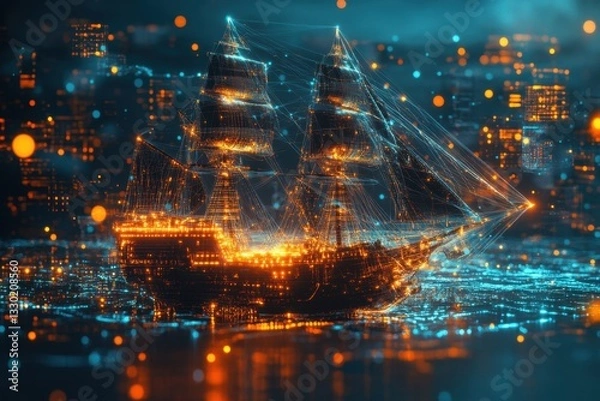 Fototapeta Digital tall ship sails through a virtual ocean, blending maritime history with futuristic technology.