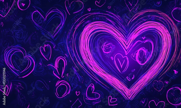 Fototapeta Cards hearts symbol with neon lights on purple background

