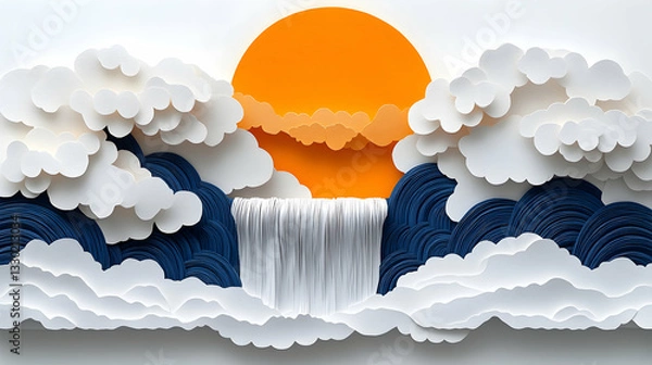 Fototapeta Paper art waterfall sunrise