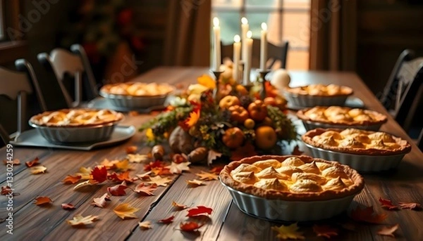 Fototapeta a wooden table topped with pies and candles