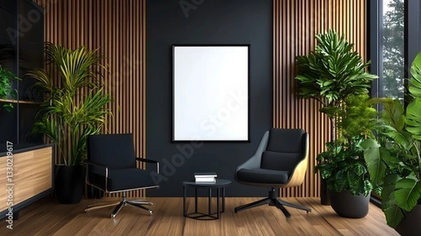 Fototapeta Modern Office Waiting Area: 3D Render of Minimalist Interior Design with Wooden Accents AI Generated