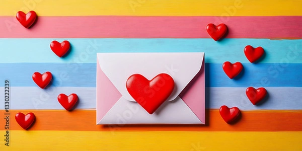 Fototapeta Vibrant red heart shapes and a single white heart scattered on pastel background with kraft envelope, symbolizing love messages and romantic correspondence.