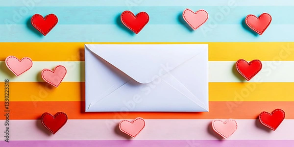 Fototapeta Vibrant red heart shapes and a single white heart scattered on pastel background with kraft envelope, symbolizing love messages and romantic correspondence.