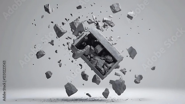 Obraz Concrete box shattering mid-air, abstract concept