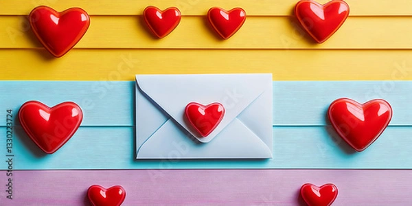 Fototapeta Vibrant red heart shapes and a single white heart scattered on pastel background with kraft envelope, symbolizing love messages and romantic correspondence.
