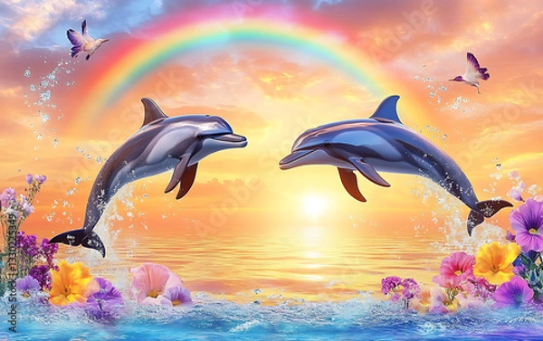 Fototapeta Two dolphins leap gracefully against a vibrant sunset with colorful flowers and a rainbow backdrop
