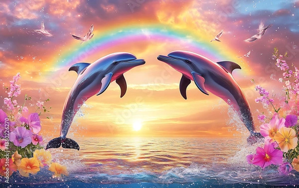 Fototapeta Two dolphins leap gracefully against a vibrant sunset with colorful flowers and a rainbow backdrop
