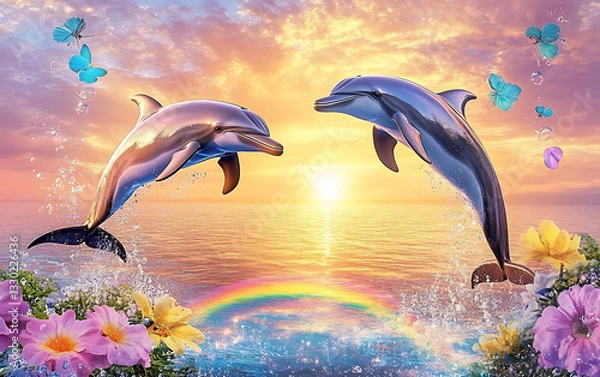 Fototapeta Two dolphins leap gracefully against a vibrant sunset with colorful flowers and a rainbow backdrop
