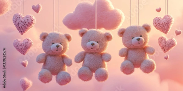 Obraz Adorable hanging teddy bears with heart decorations