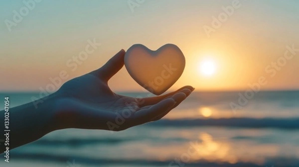 Fototapeta Heart held toward the sunset above the ocean. Serene scene