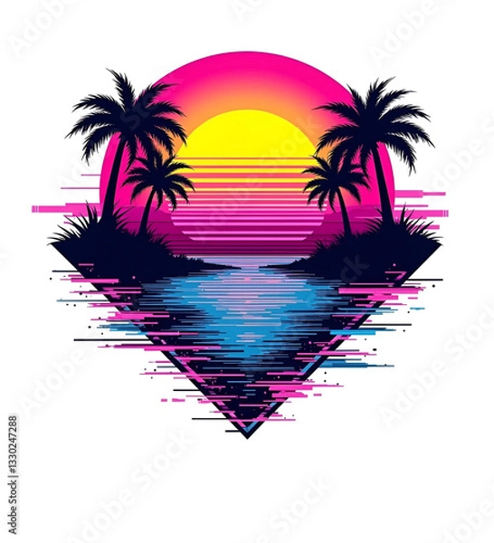 Fototapeta This captivating design features a vibrant vaporwave aesthetic with bold colors and glitch effects