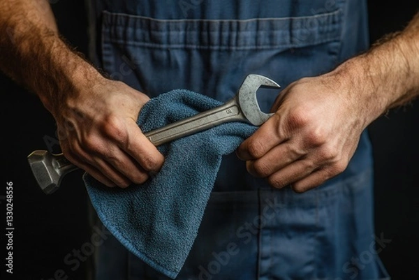 Fototapeta Professional photo of a close-up of a mechanics hands holding a wrench and microfiber cloth, against a clean, neutral background, emphasizing precision and professionalism