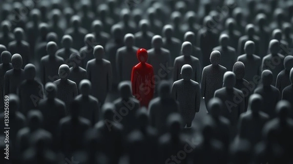 Obraz A solitary figure in a vibrant red outfit standing tall amidst a dense crowd of grayscale figurines, in a dimly lit abstract environment, radiating a sense of boldness and individuality.