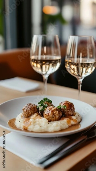 Fototapeta Delicious Swedish meatballs with creamy gravy and lingonberry sauce served alongside mashed potatoes and white wine in a Scandinavian setting