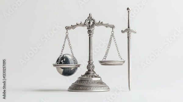 Fototapeta Justice Ornate scale with globe, balanced by sword on neutral background