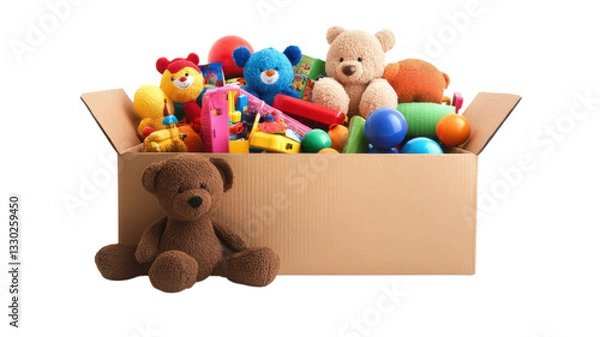 Fototapeta Colorful toys and plush bears arranged in a cardboard box ready for donation