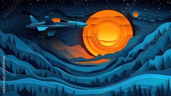 Obraz Futuristic spaceship flying towards a distant planet, detailed layered paper cut