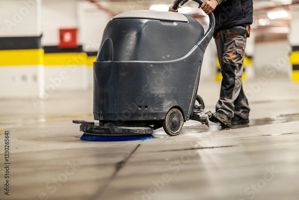 Fototapeta An unrecognizable worker washing garage floor with scrubber machine.