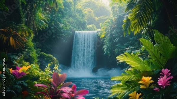Fototapeta Lush waterfall cascading through a vibrant tropical rainforest