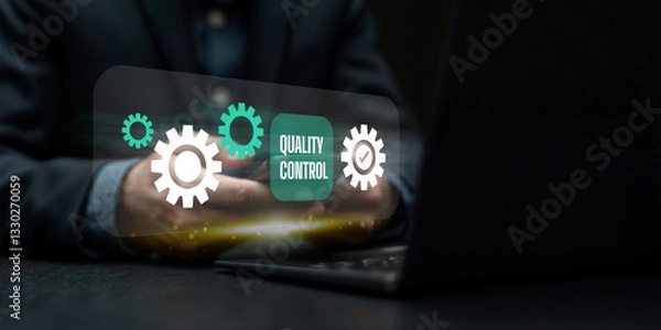 Fototapeta Business professional activating digital quality control automation system with futuristic interface, optimization, and process management for efficiency. Digital quality control and certification.