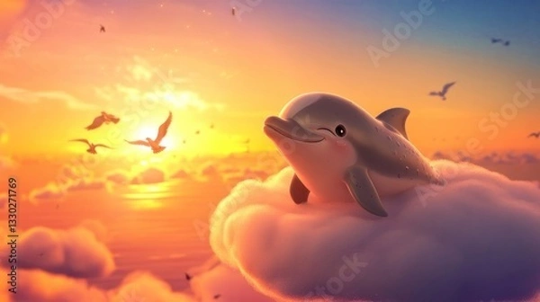 Fototapeta A playful dolphin floats on a fluffy cloud at sunset