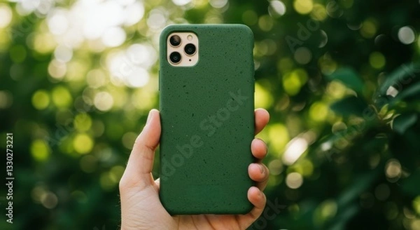 Fototapeta A person holds a green phone case up against a vibrant green backdrop of nature