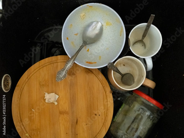Fototapeta A kitchen can become quite cluttered and chaotic after preparing and enjoying a meal