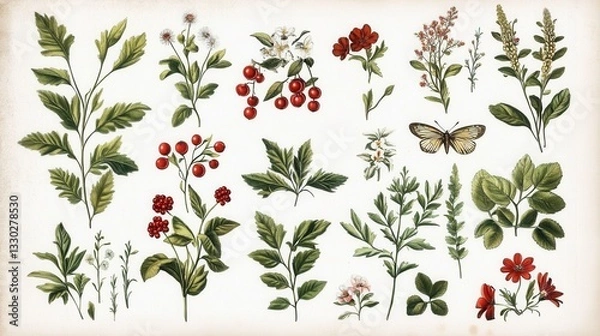 Fototapeta A vintage botanical illustration featuring various flowers, leaves, and a butterfly, showcasing rich colors and intricate details.