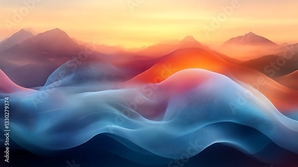 Fototapeta Abstract Sunset Landscape with Flowing Waves and Mountains