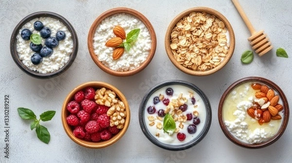 Obraz A top-down flat lay of six different cottage cheese breakfast bowls, each with unique toppings like berries, nuts, and honey