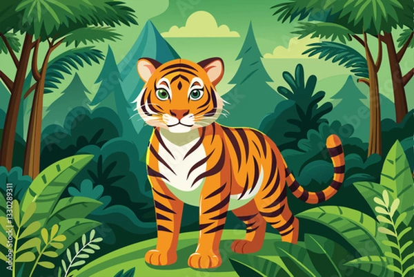 Fototapeta A majestic tiger explores its vibrant jungle habitat surrounded by greenery and tall trees, Tiger in the jungle