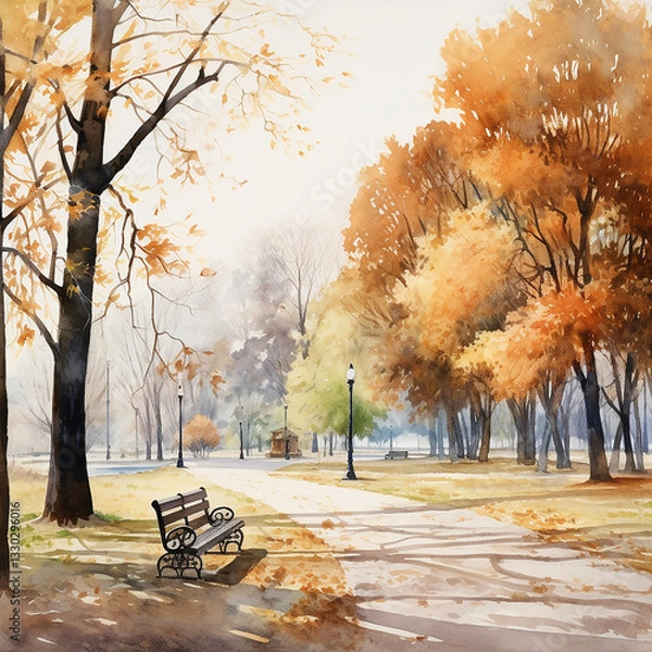 Fototapeta Autumnal Serenity A Watercolor Scene of a Park with a Bench