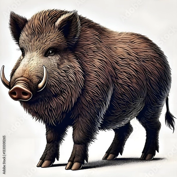 Fototapeta Isolated on a white background image of a powerful wild boar with thick dark brown fur and large curved tusks.