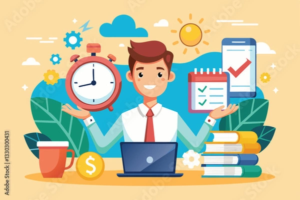 Fototapeta A cheerful cartoon character balances time management tools while working on a laptop surrounded by positive icons, Time management Customizable Cartoon Illustration