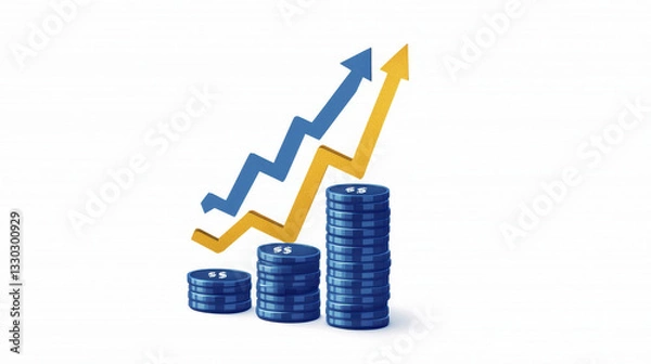 Fototapeta Financial growth is represented by stacked coins and upward arrows, symbolizing success