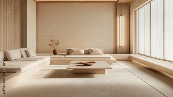 Fototapeta A minimalist living room design with beige and white tones, centered around a sleek linear sofa with soft, neutral cushions