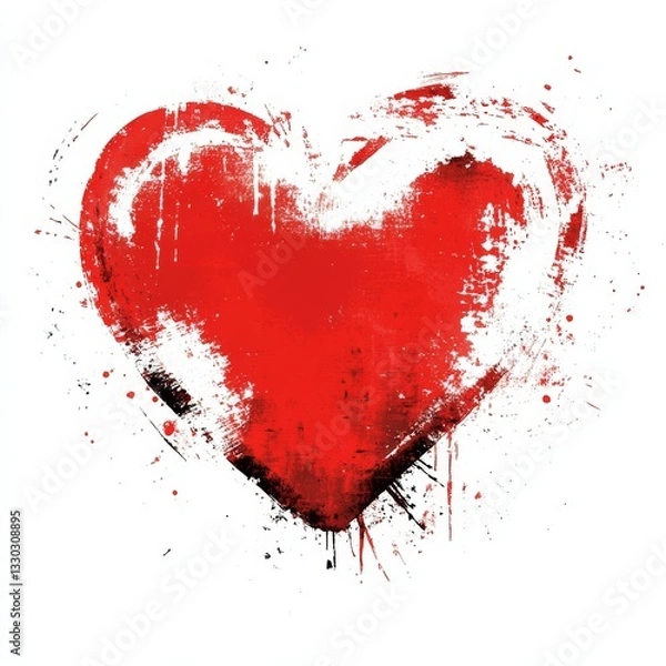 Fototapeta Grungy Red Heart Illustration: An Abstract Symbol of Love with Textured Splatters and Artistic Flair, Isolated on White 