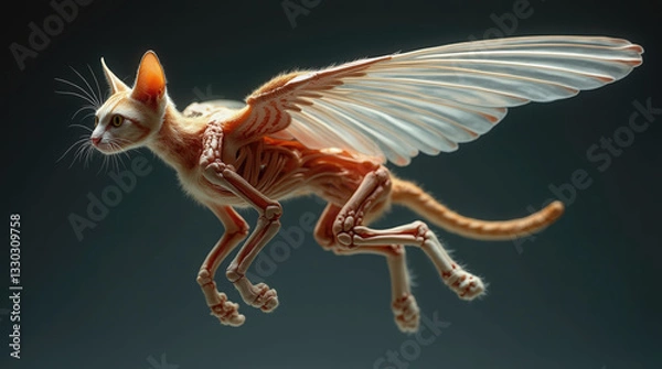 Fototapeta A fantastical creature, part cat and part winged being, is captured mid-flight. Its skeletal structure and muscles are highlighted, creating a striking visual contrast