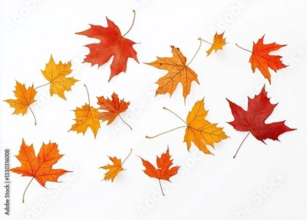Fototapeta Colorful autumn maple leaves falling through the air on white background