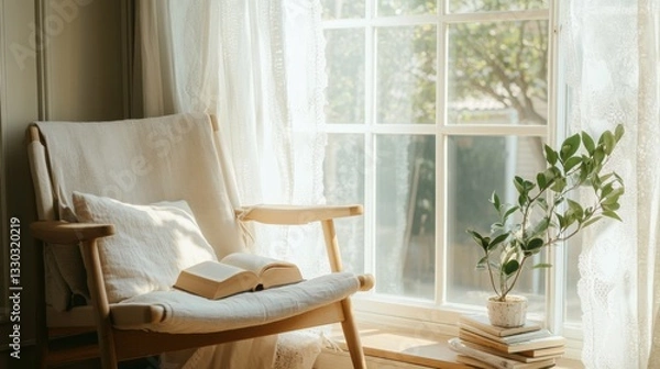 Fototapeta Cozy reading nook beside a large open window inviting natural light and comfort during a tranquil afternoon