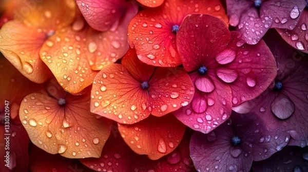 Fototapeta Colorful hydrangea macro showing water droplets after rain