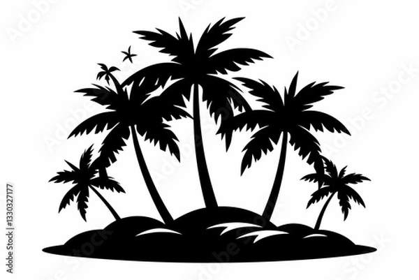 Fototapeta island with palm trees line art silhouette vector illustration