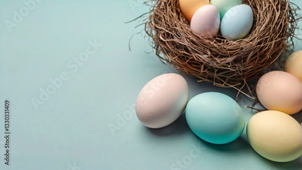 Obraz Painted Easter eggs with decorative nest on light blue background.