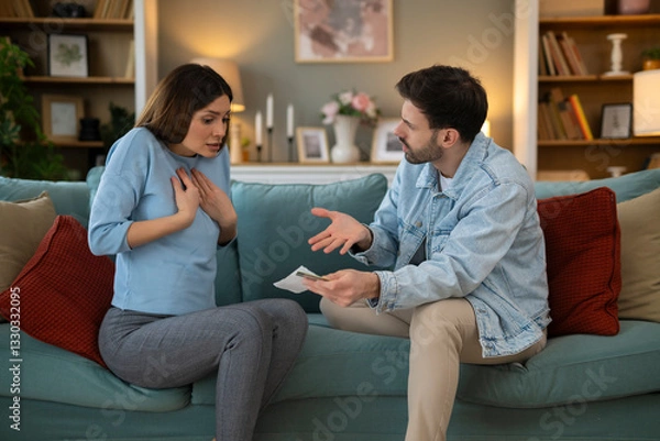 Fototapeta Young couple arguing about credit card bills and expenses, wife complaining about her husband's overspending and holding a receipt
