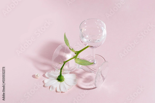 Obraz Spring flowers, creative, aesthetic arrangement with aperitif glasses 