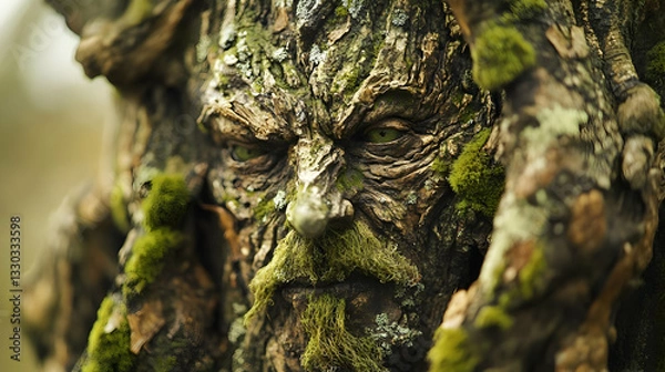 Fototapeta Close-up of an old moss-covered tree trunk in a forest, symbolizing the beauty of autumn nature