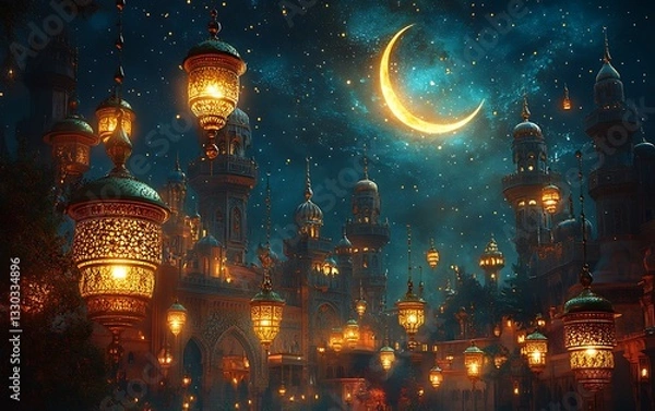 Fototapeta Magical Night with Lanterns and Crescent Moon Over Enchanting Cityscape

