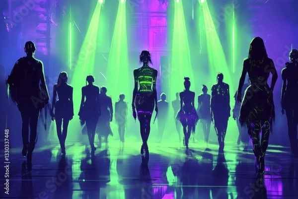 Fototapeta Silhouetted Models Walking on a Runway Under Green and Purple Lights