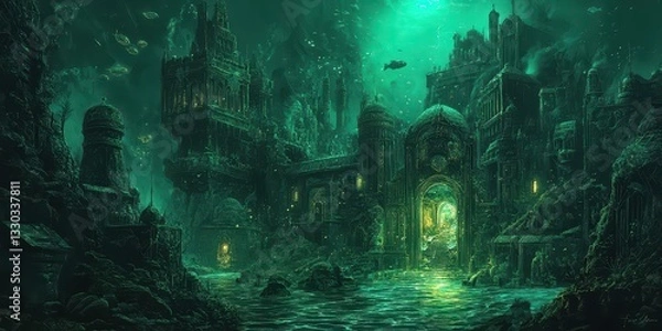 Fototapeta An ancient submerged city is illuminated under the ocean